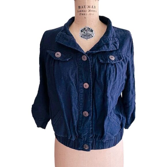 Mine Blue Cotton Linen Blend Cropped 3/4 roll sleeve jacket Size Junior Large - Picture 1 of 12